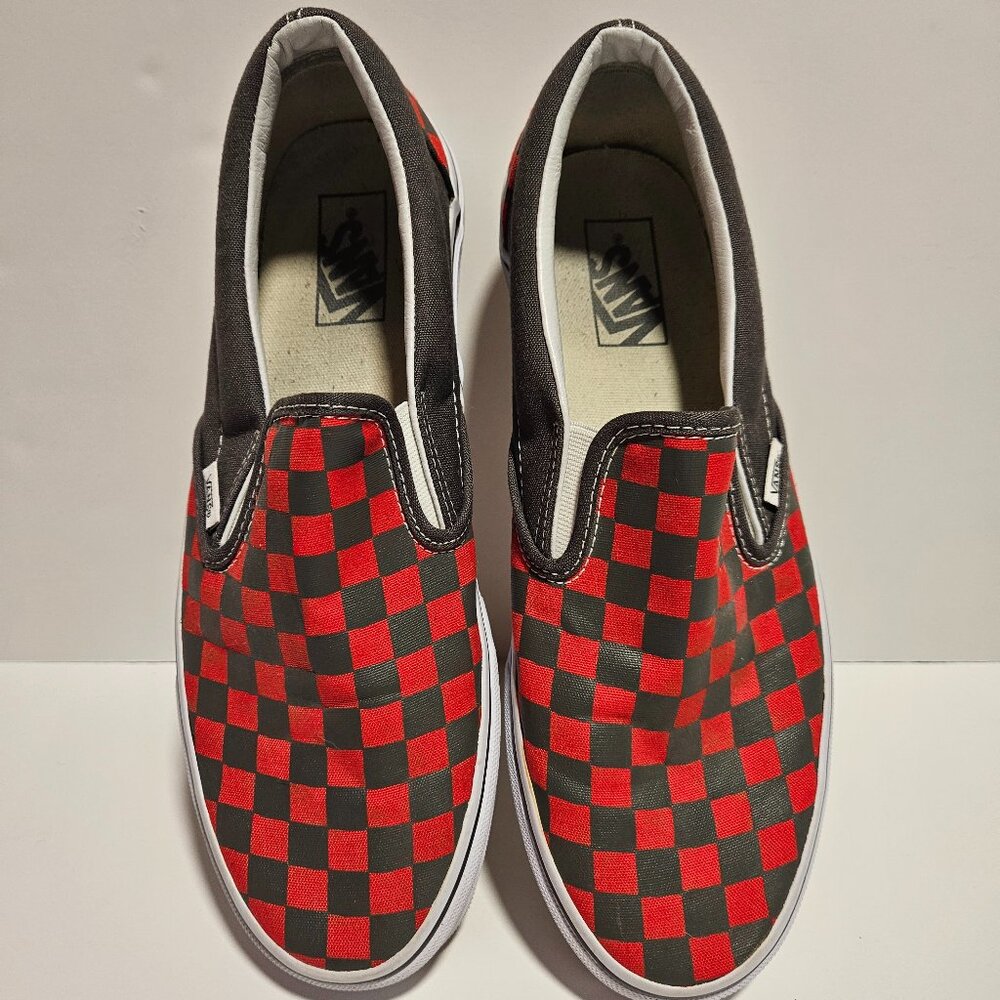 Men and Women Vans red and gray checkered slip on- Size Men 9.5 and Women 11